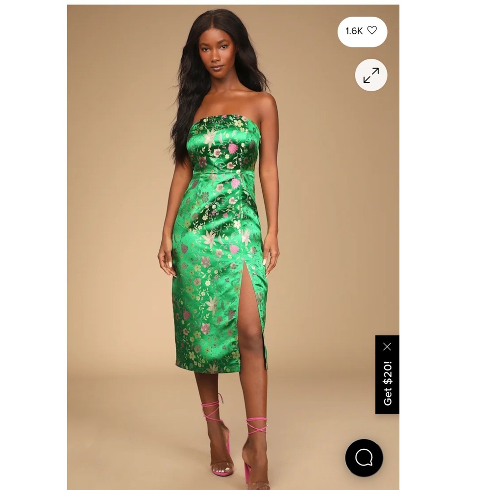 Lulus Make a Move Green Satin Floral Brocade Strapless Midi Dress XL